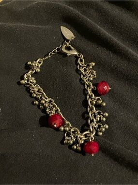 Coldwater Creek Red Bead Charm Bracelet with Antique Silver Chain